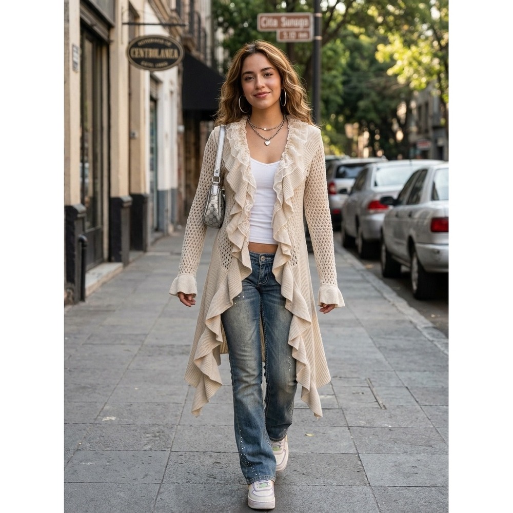 Susan Lawrence y2k Ruffle Duster Cardigan Women Large Excellent Pointelle Boho